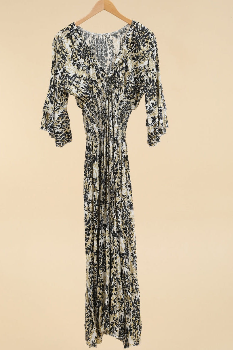 Robe Dahlia- Bohème chic à imprimé fluide.