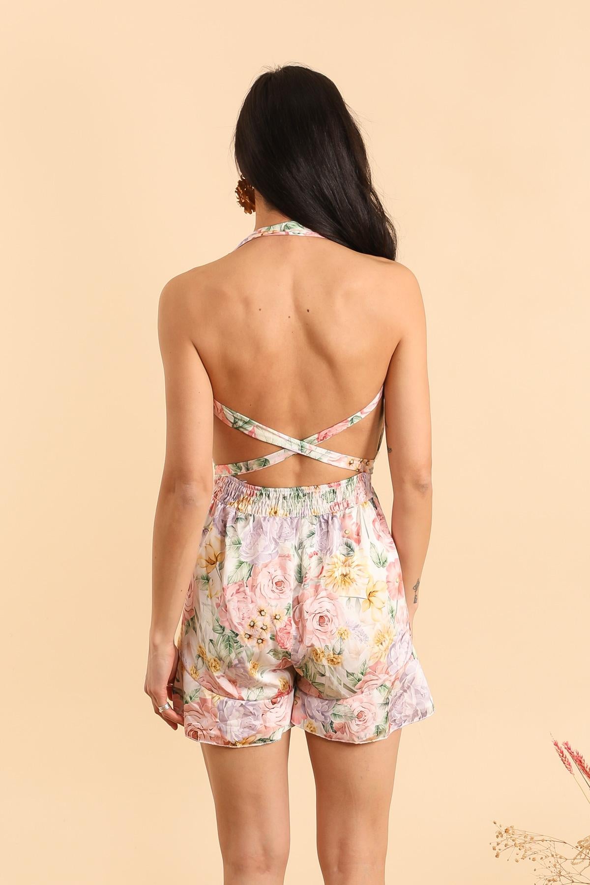 Robe Courte Fleurie Élisa  – Dos Nu & Ceinture