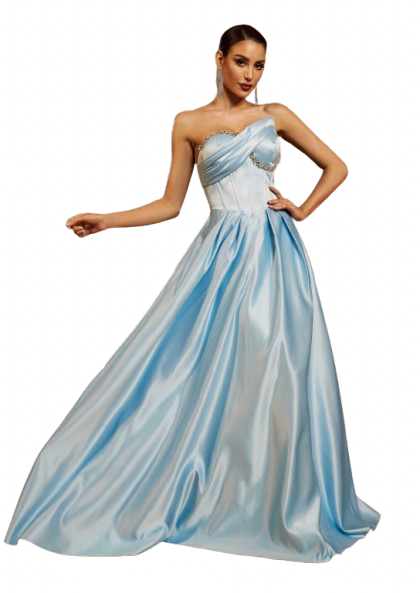 Robe “Bleu Princesse” – Robe de Soirée Longue Bleu Ciel Satinée Drapée
