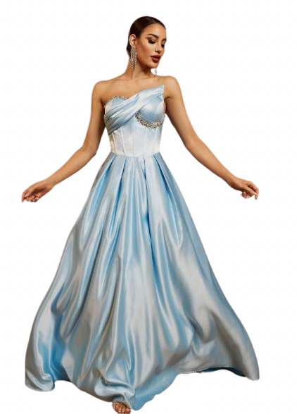 Robe “Bleu Princesse” – Robe de Soirée Longue Bleu Ciel Satinée Drapée